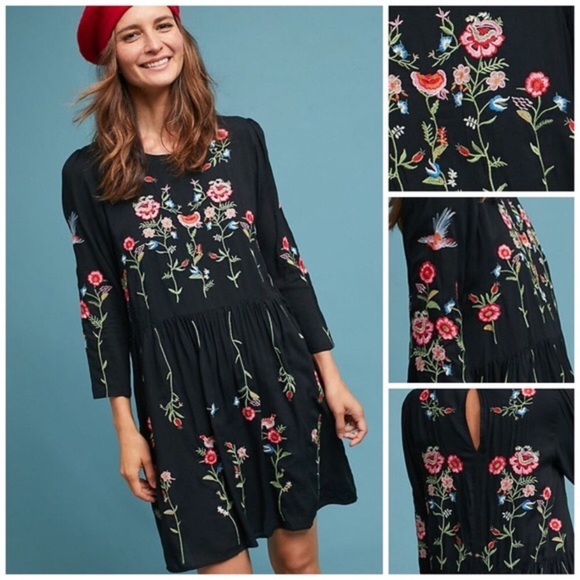anthropologie black embroidered dress